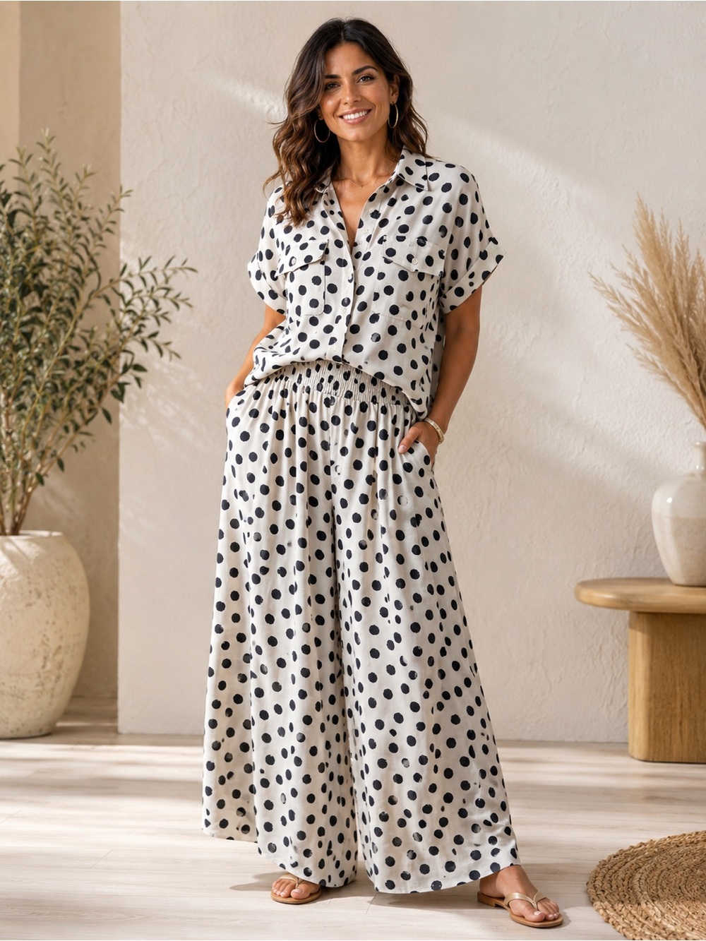 Polka Dot Wide Leg Drawstring Pants - Black on Cream - Picture 4 of 4
